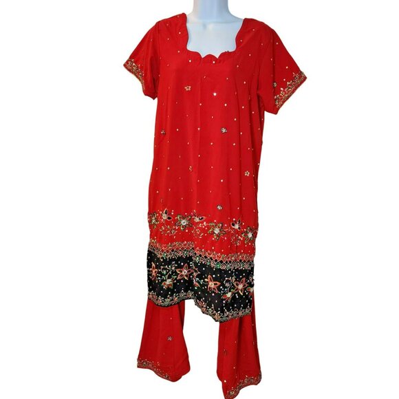 Punjabi Suit Est. L Red Black 3pc Embroidered + Bells Dupatta Desi Festival Y2K - Picture 5 of 15